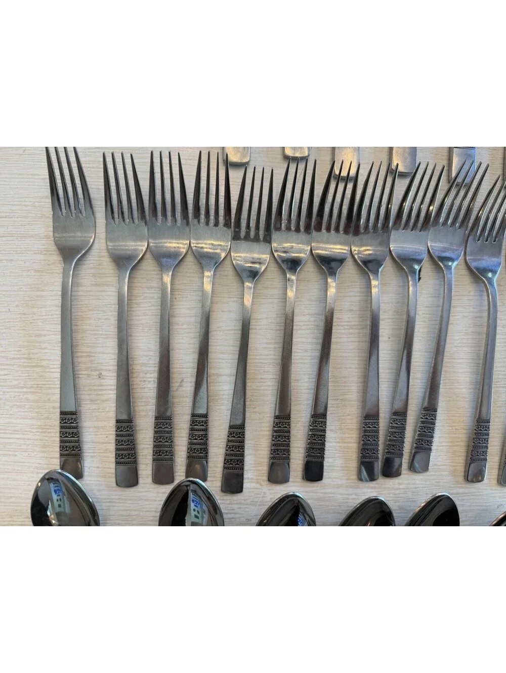 Vtg MCM Imperial International Stainless Steel Flatware Floral Band 60 Pcs Rare